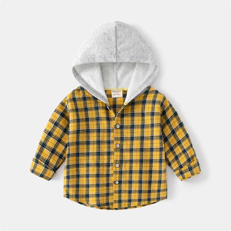 Áo sơ mi dạ hoodie cho bé WAPYPY áo sơ mi dài tay phối mũ nỉ họa tiết caro thu đông 2023