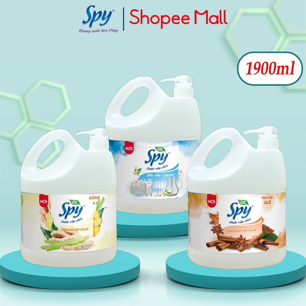 Nước rửa chén bát SPY thiên nhiên 1900ml hương Quế, Gừng Sả đánh bay vết đồ ăn cứng đầu