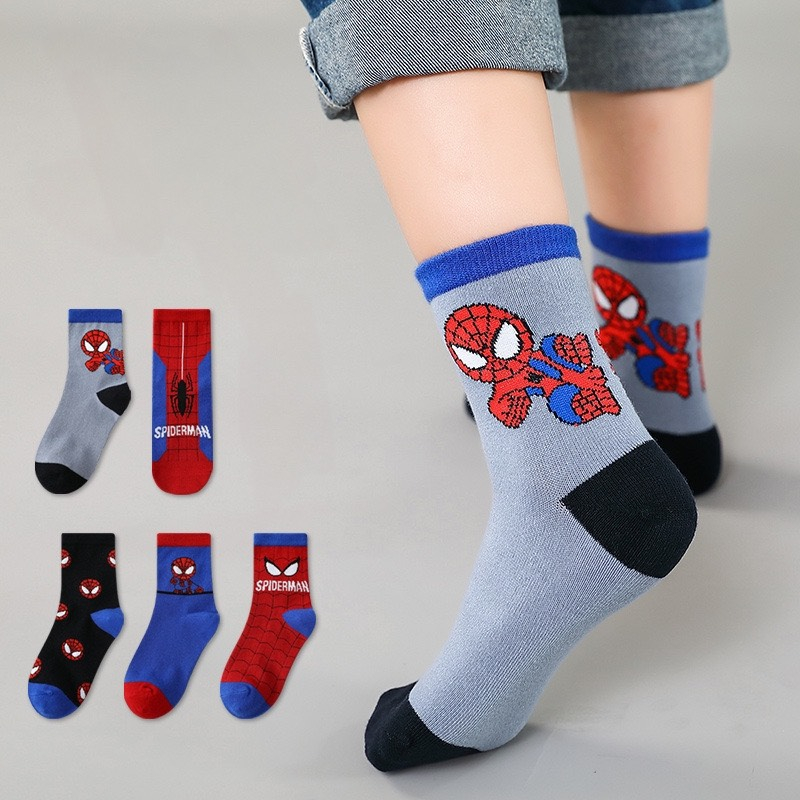 Set 5 đôi tất cotton cổ cao siêu nhân nhện bé trai , gái sợi bông mềm mại thoáng khi khử mùi