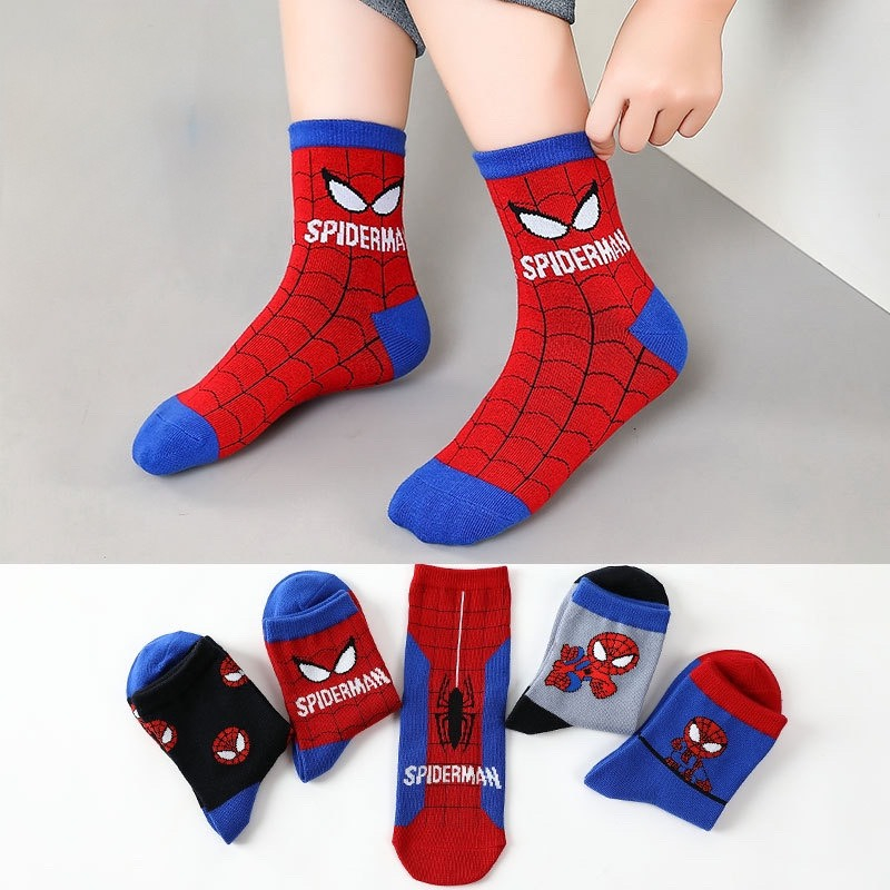 Set 5 đôi tất cotton cổ cao siêu nhân nhện bé trai , gái sợi bông mềm mại thoáng khi khử mùi