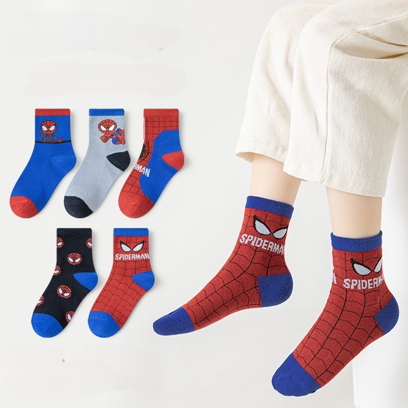 Set 5 đôi tất cotton cổ cao siêu nhân nhện bé trai , gái sợi bông mềm mại thoáng khi khử mùi