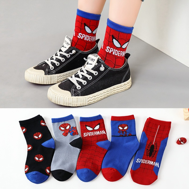 Set 5 đôi tất cotton cổ cao siêu nhân nhện bé trai , gái sợi bông mềm mại thoáng khi khử mùi