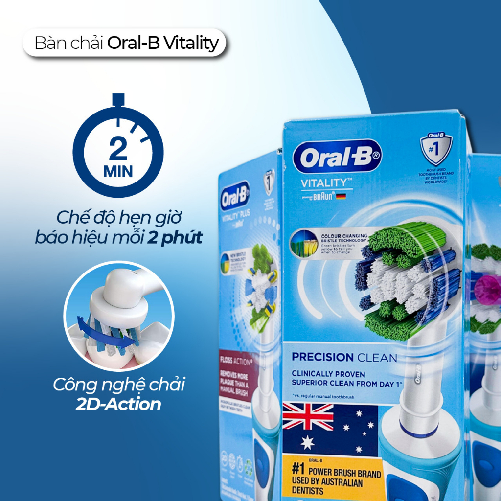 Bàn chải đánh răng điện Oral B Vitality làm sạch sâu, loại bỏ mảng bám cho người lớn và trẻ em trên 10 tuổi, Úc