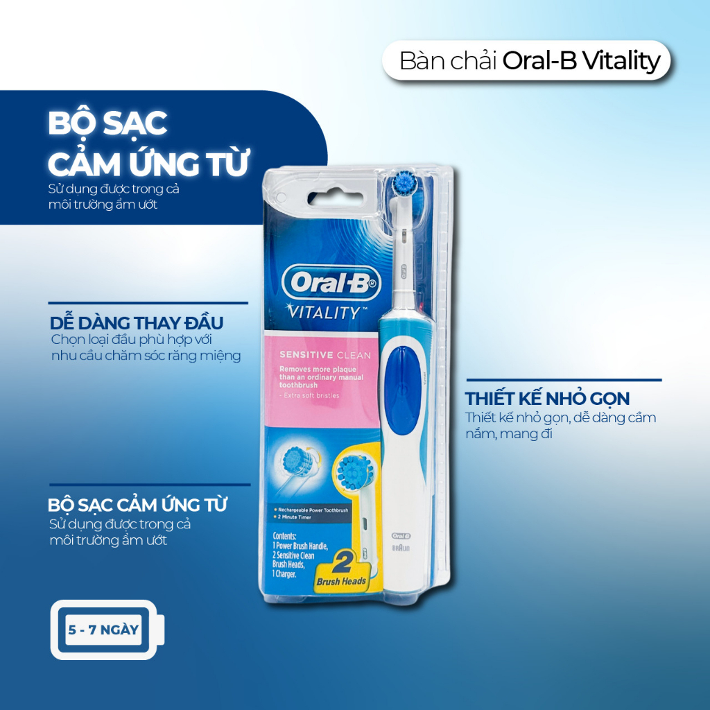 Bàn chải đánh răng điện Oral B Vitality làm sạch sâu, loại bỏ mảng bám cho người lớn và trẻ em trên 10 tuổi, Úc