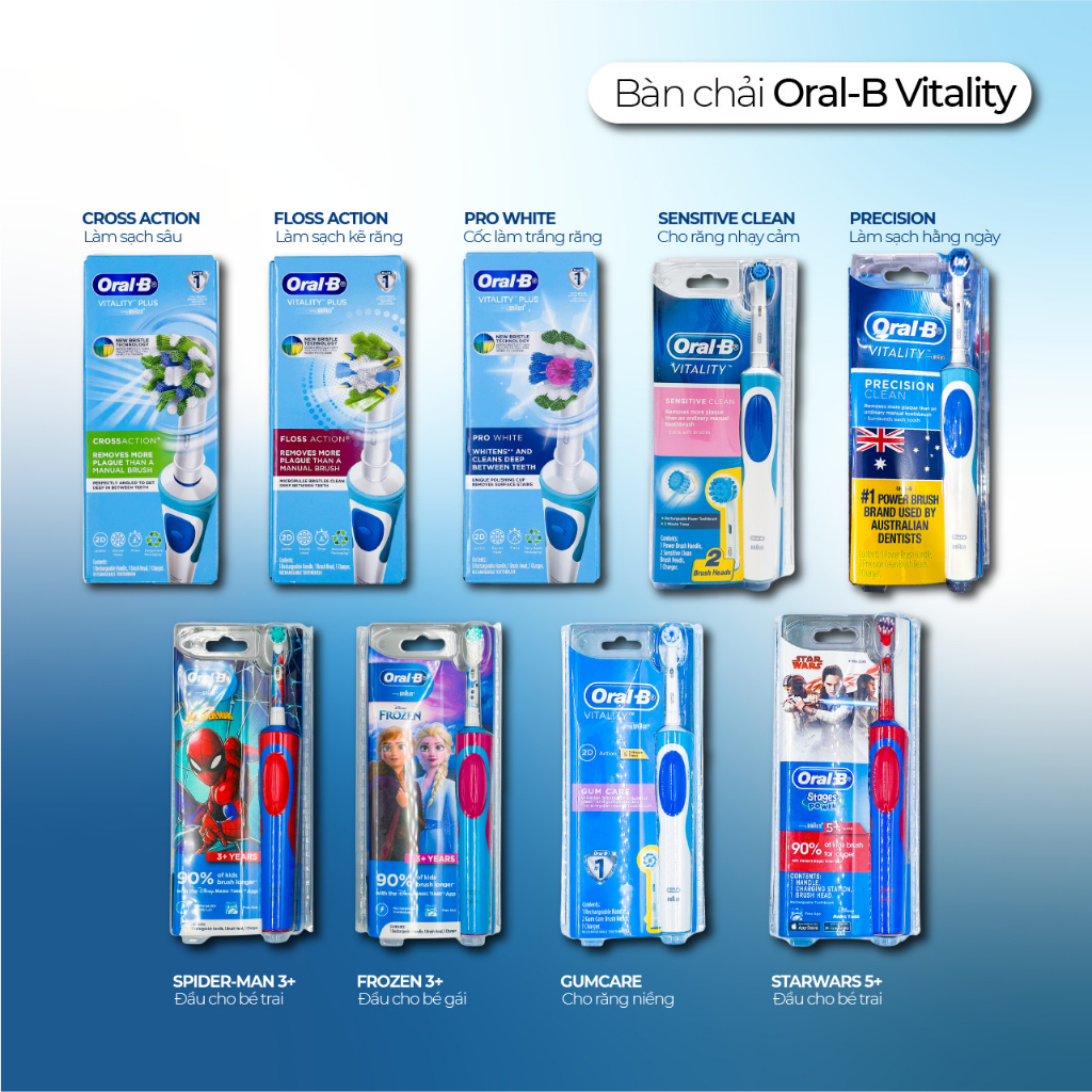 Bàn chải đánh răng điện Oral B Vitality làm sạch sâu, loại bỏ mảng bám cho người lớn và trẻ em trên 10 tuổi, Úc