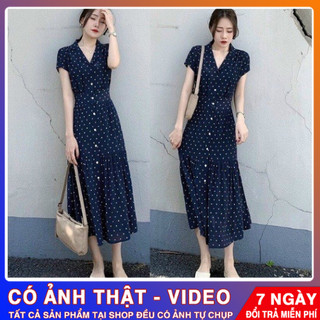 Đầm xòe chấm bi cổ vest đi làm công sở thường ngày Đầm xòe cho nữ size M,L,XL