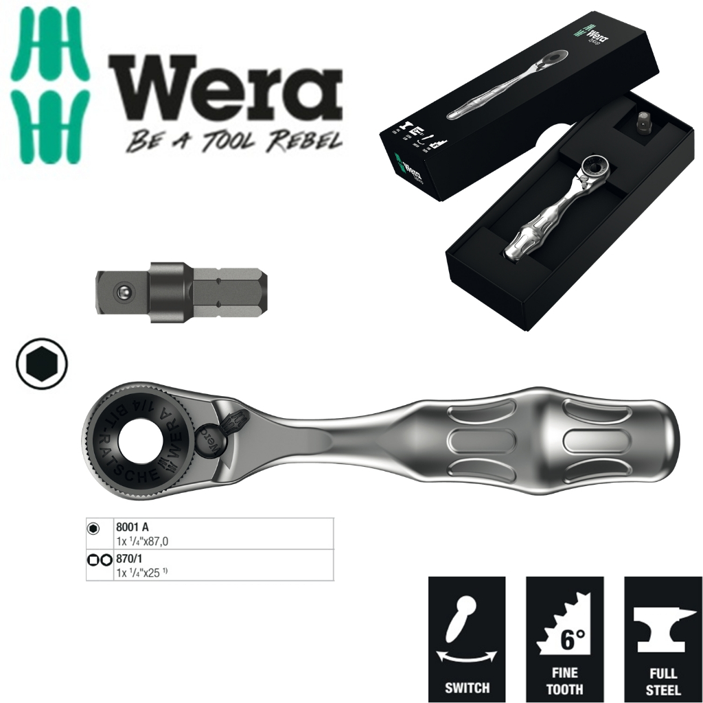 Cần xiết tròng cóc 1/4" Wera 8001 A Zyklop Mini 1 mã 05073230001 với cần xiết 1/4" và đầu chuyển tuýp 1/4"