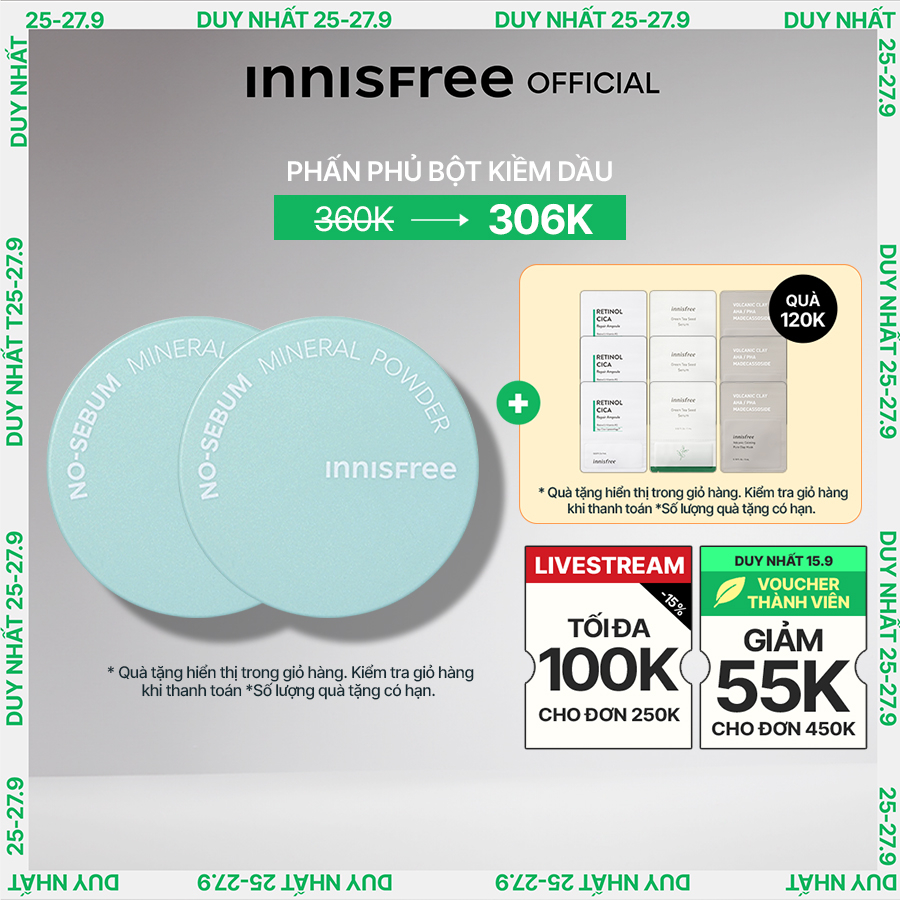 Bộ 2 Phấn phủ kiềm dầu dạng bột innisfree No Sebum Mineral Powder 5g