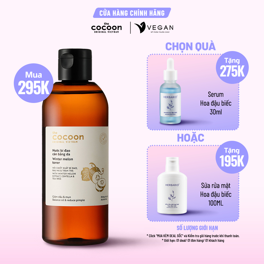 Bigsize - Nước bí đao cân bằng da (toner) Cocoon giảm dầu và mụn 310ml thuần chay