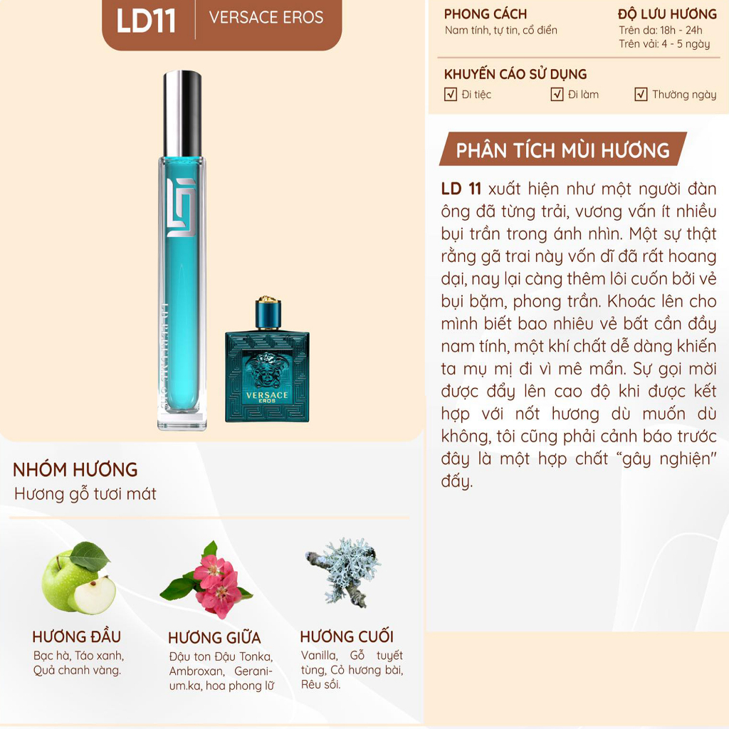 Nước Hoa Nam Tính LD11 Hương Versace Eros, Tinh Dầu Thơm Nam Chai Chiết 12ml