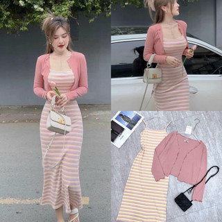 Đầm váy nữ hai dây body sọc dáng dài mix áo khoác gân siêu xinh cho nàng đi chơi,đi biển