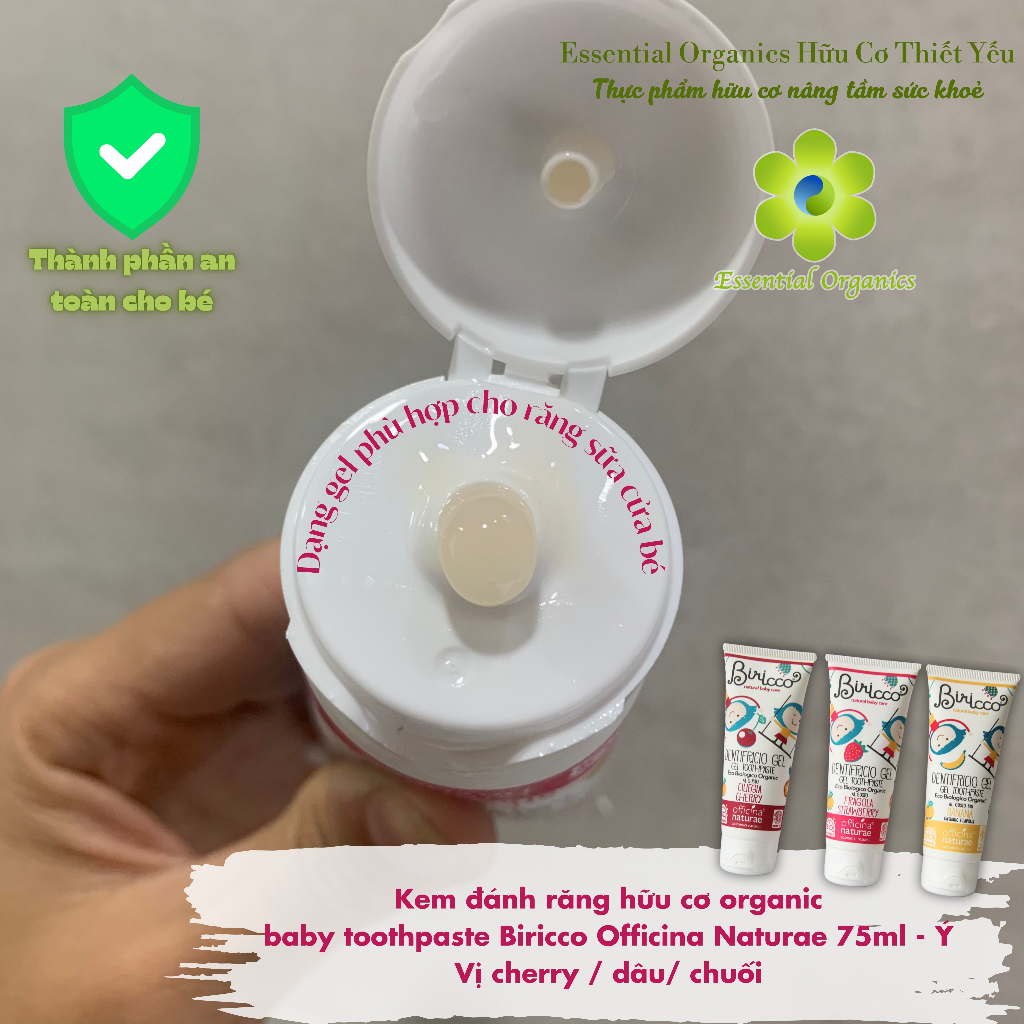 Kem đánh răng hữu cơ cho bé organic baby toothpaste Biricco 75ml, kem đánh răng hương chuối dâu cherry cho bé từ 12 thán