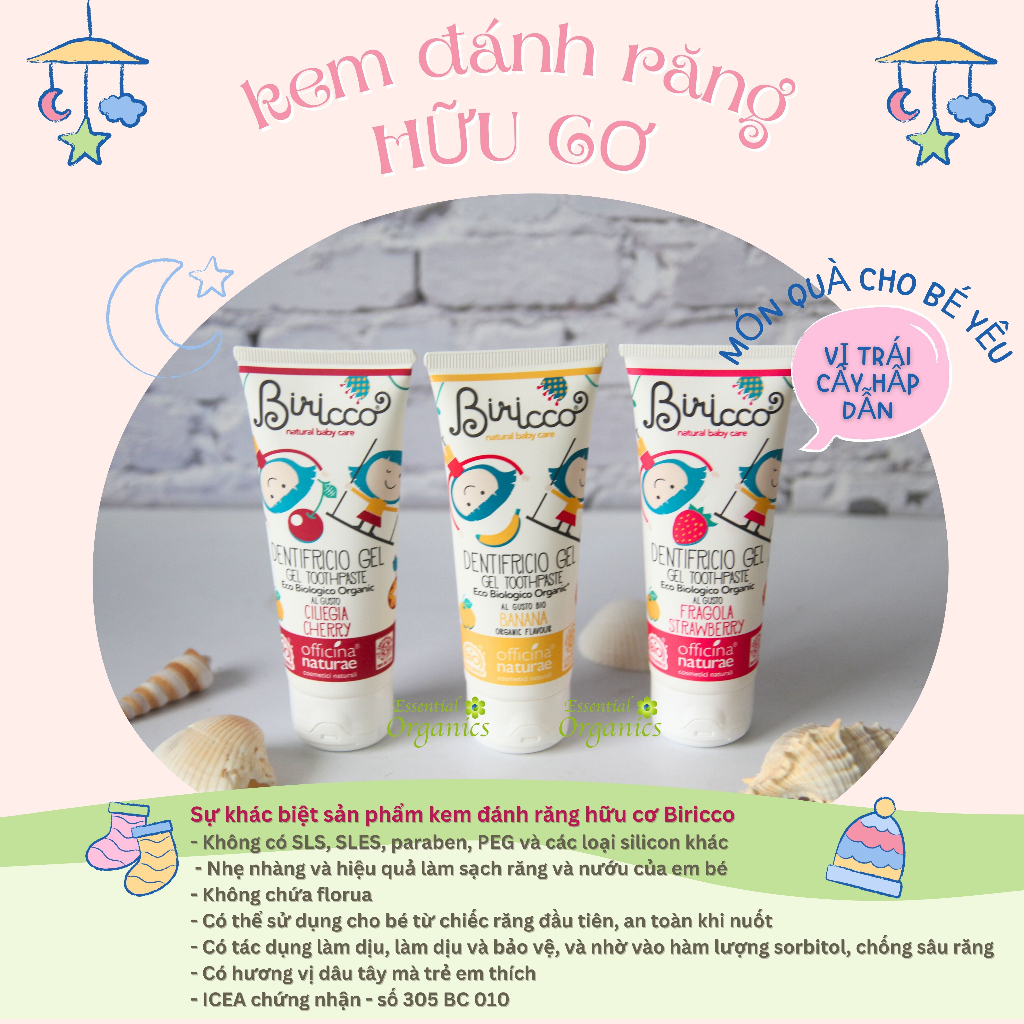 Kem đánh răng hữu cơ cho bé organic baby toothpaste Biricco 75ml, kem đánh răng hương chuối dâu cherry cho bé từ 12 thán