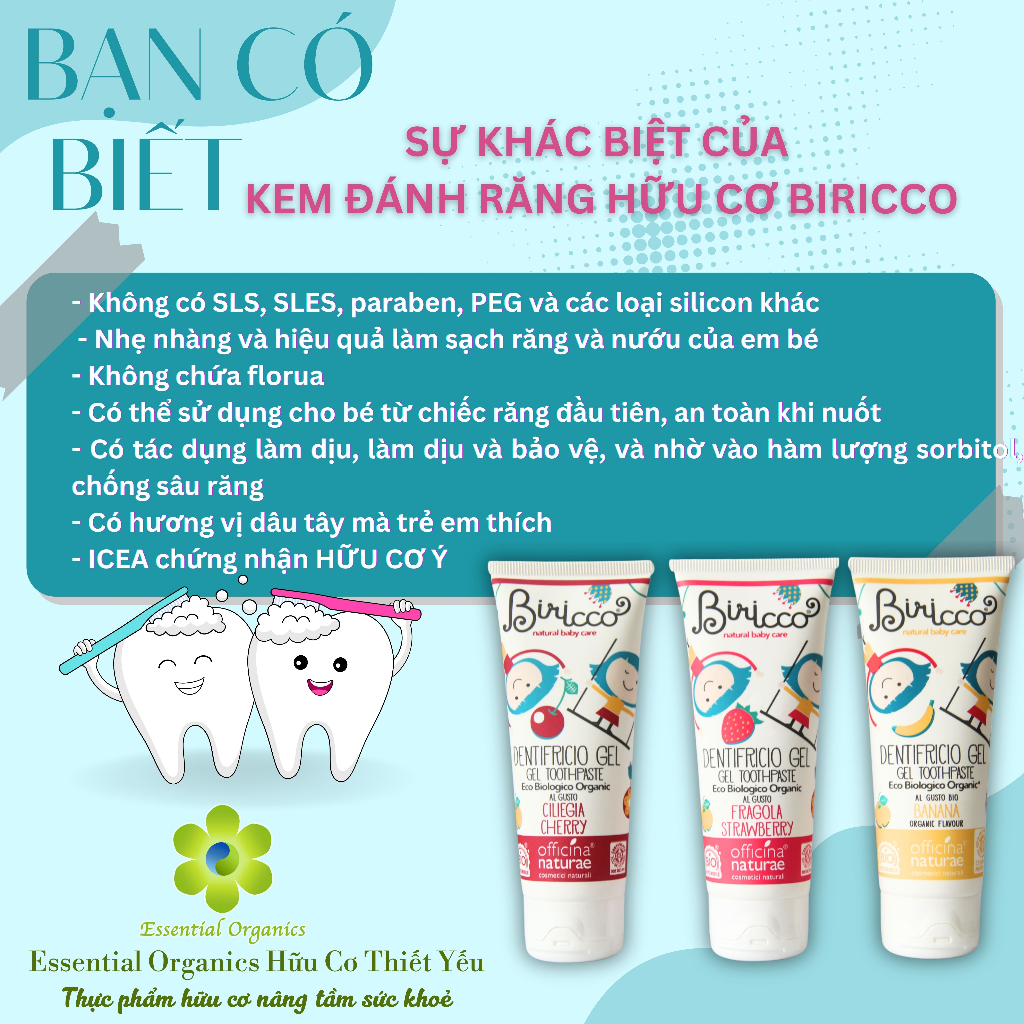 Kem đánh răng hữu cơ cho bé organic baby toothpaste Biricco 75ml, kem đánh răng hương chuối dâu cherry cho bé từ 12 thán