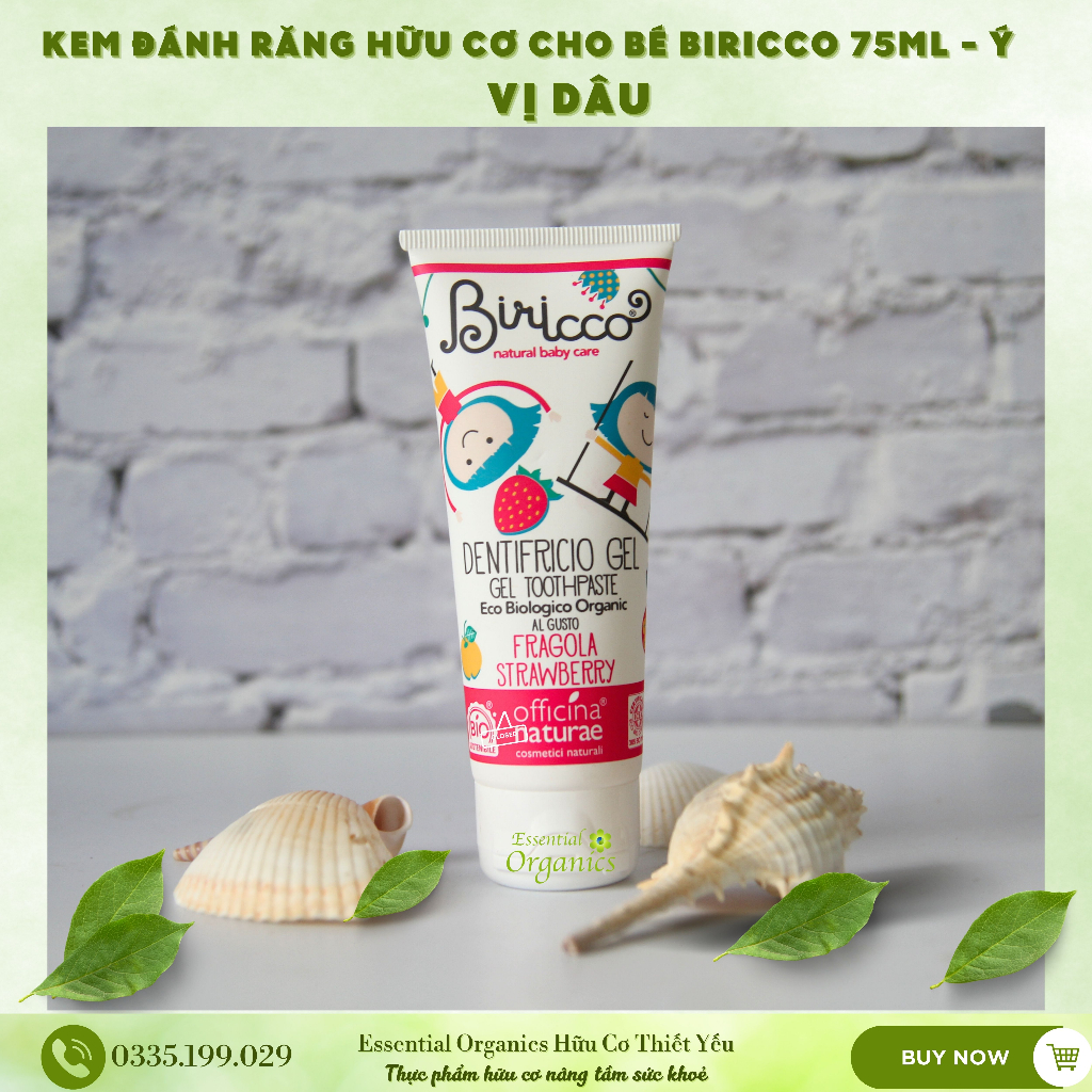 Kem đánh răng hữu cơ cho bé organic baby toothpaste Biricco 75ml, kem đánh răng hương chuối dâu cherry cho bé từ 12 thán