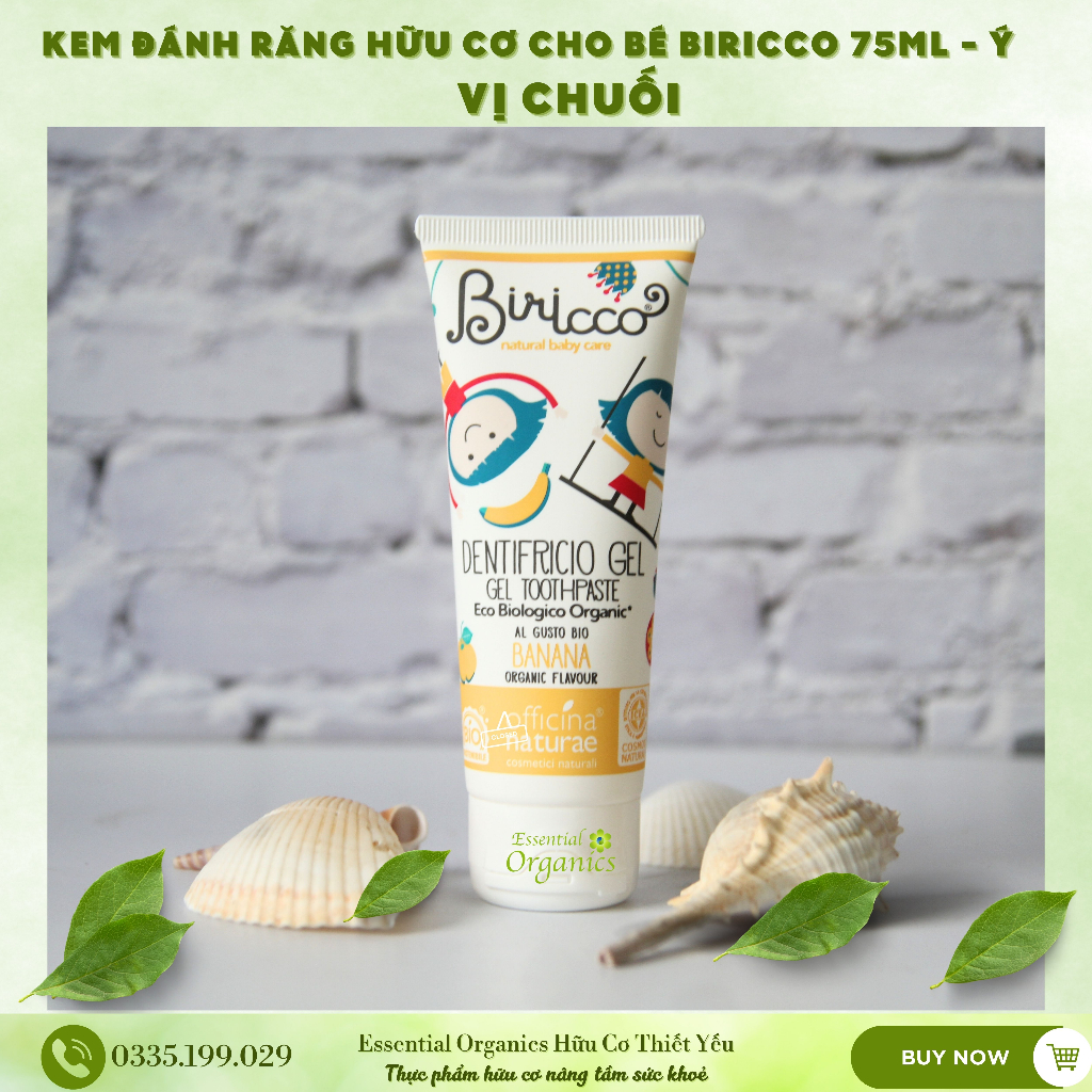 Kem đánh răng hữu cơ cho bé organic baby toothpaste Biricco 75ml, kem đánh răng hương chuối dâu cherry cho bé từ 12 thán