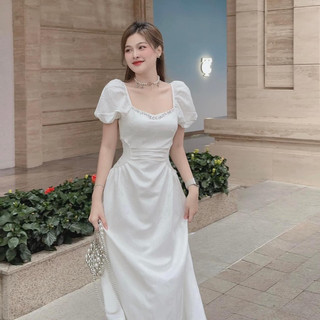 Hion Store - Đầm midi trắng chít eo cườm ngực