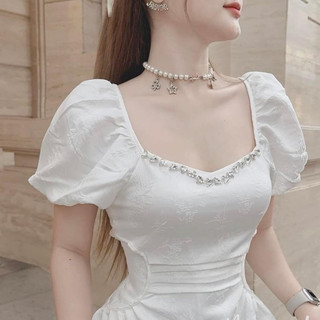 Hion Store - Đầm midi trắng chít eo cườm ngực