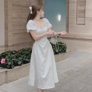 Hion Store - Đầm midi trắng chít eo cườm ngực
