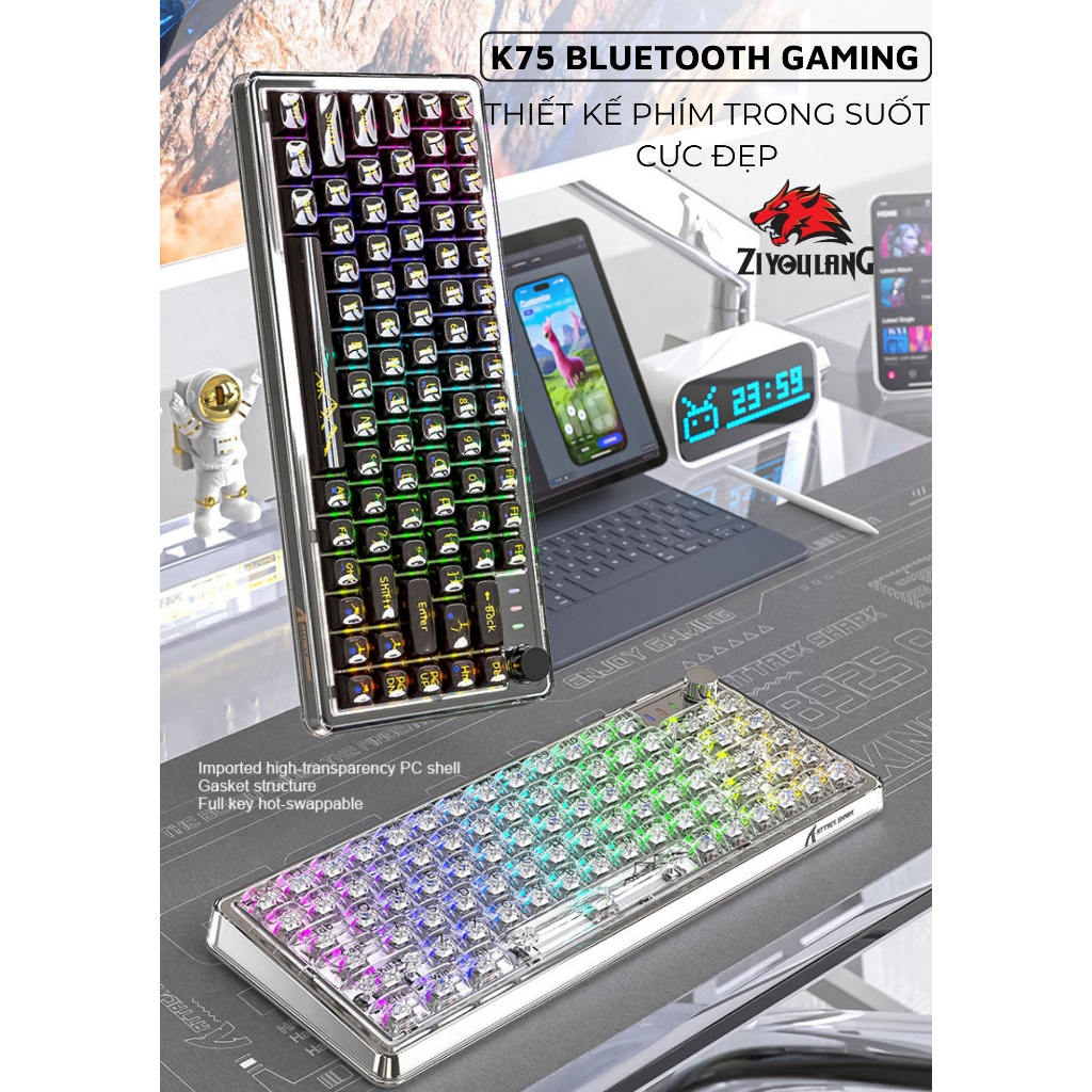 Bàn Phím Cơ Gaming ZiyouLang K75 Esport Trong Suốt LED RGB Cực Đẹp Trục Cơ White Switch Có Hotswap Cho Máy Tính Laptop | BigBuy360 - bigbuy360.vn