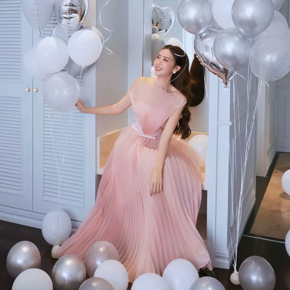 Đầm Dự Tiệc Sang Trọng Dáng Dài Xếp Ly Đính Nơ Sang Chảnh đầm maxi 2 dây dáng xoè Dập Vạt Thiết Kế Cao Cấp