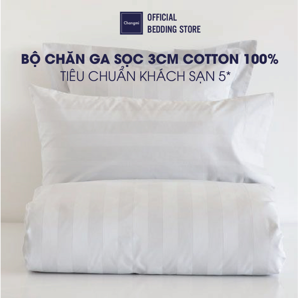 Set ga giường Changmi Bedding trắng sọc 3cm 100% cotton. Tiêu chuẩn khách sạn cao cấp 4 sao và 5 sao - 3 Món