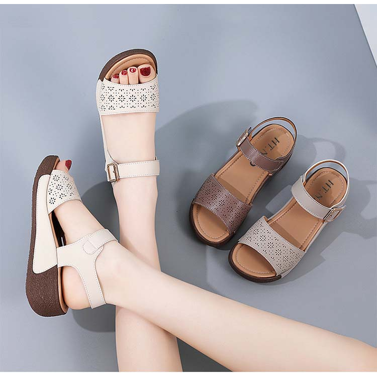 Sandal nữ da bò đế bằng 5cm HT.NeO , Giày quai hậu nữ 1 bản  quai ngang tiện lợi phong cách mùa hè thoáng mát 2329