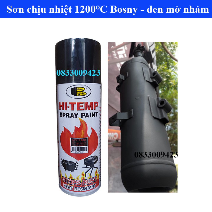 Sơn chịu nhiệt, đen nhám, đen bóng Hi-temp Bosny, sơn pô, xe máy, lốc máy