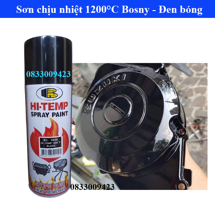 Sơn chịu nhiệt, đen nhám, đen bóng Hi-temp Bosny, sơn pô, xe máy, lốc máy