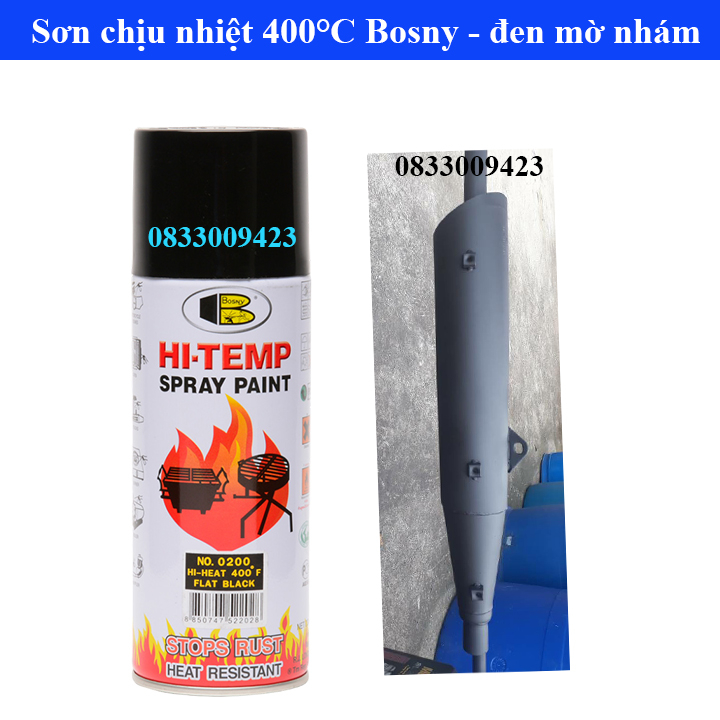 Sơn chịu nhiệt, đen nhám, đen bóng Hi-temp Bosny, sơn pô, xe máy, lốc máy