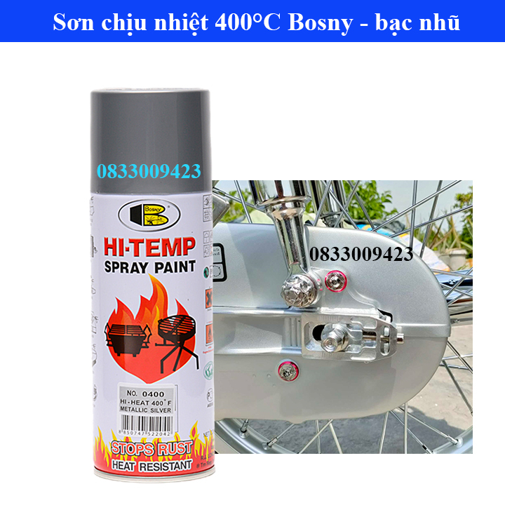 Sơn xịt chịu nhiệt Hi-temp 400 độ F Bosny, sơn lốc máy, sơn pô xe, sơn xe máy, sơn lò vi sóng, sơn bếp gas