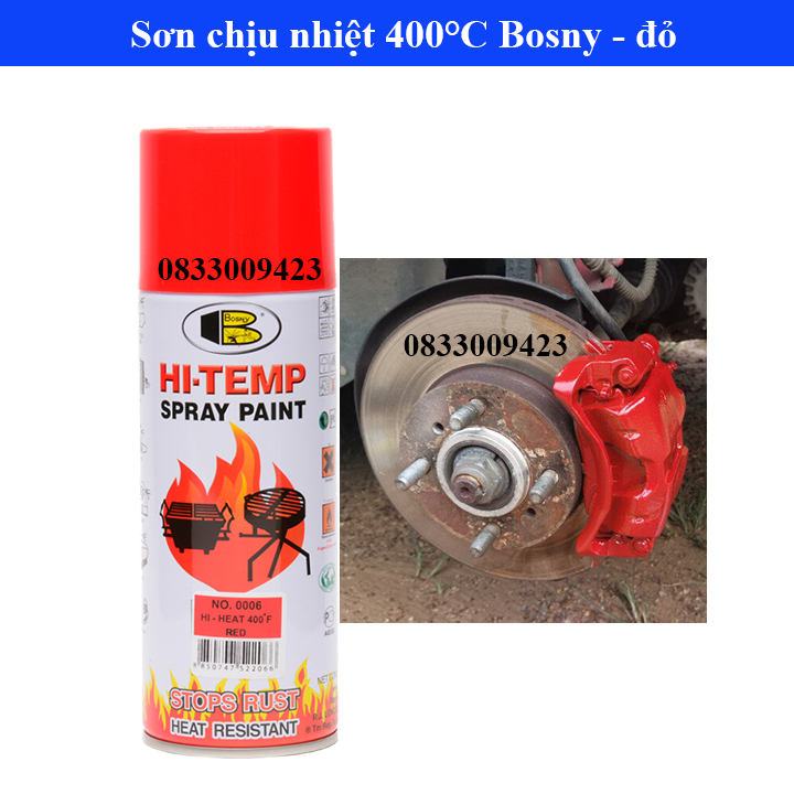 Sơn xịt chịu nhiệt Hi-temp 400 độ F Bosny, sơn lốc máy, sơn pô xe, sơn xe máy, sơn lò vi sóng, sơn bếp gas