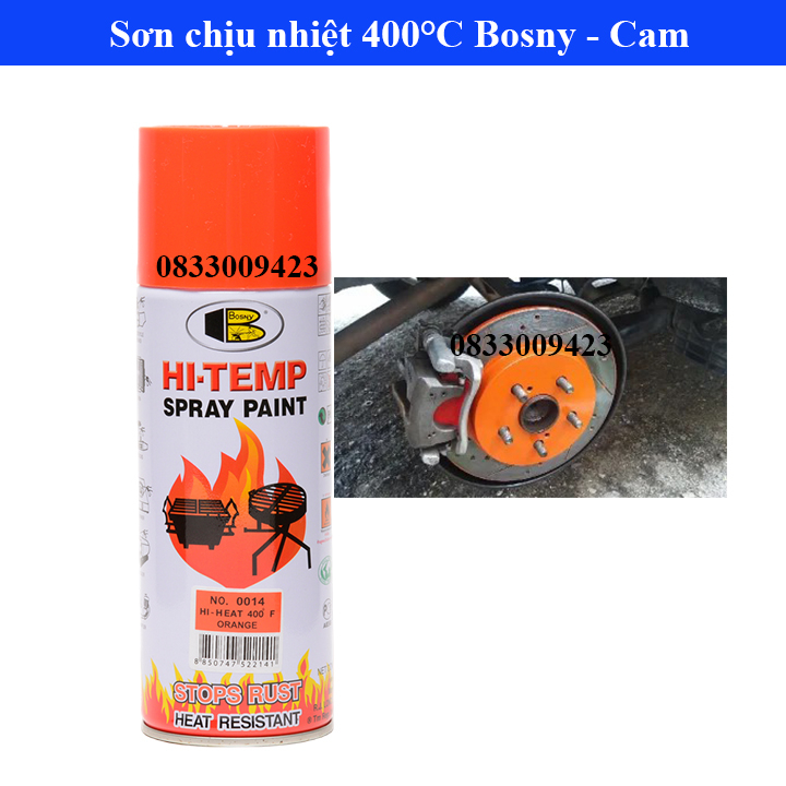 Sơn xịt chịu nhiệt Hi-temp 400 độ F Bosny, sơn lốc máy, sơn pô xe, sơn xe máy, sơn lò vi sóng, sơn bếp gas