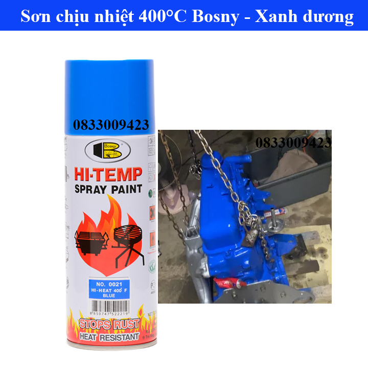 Sơn xịt chịu nhiệt Hi-temp 400 độ F Bosny, sơn lốc máy, sơn pô xe, sơn xe máy, sơn lò vi sóng, sơn bếp gas