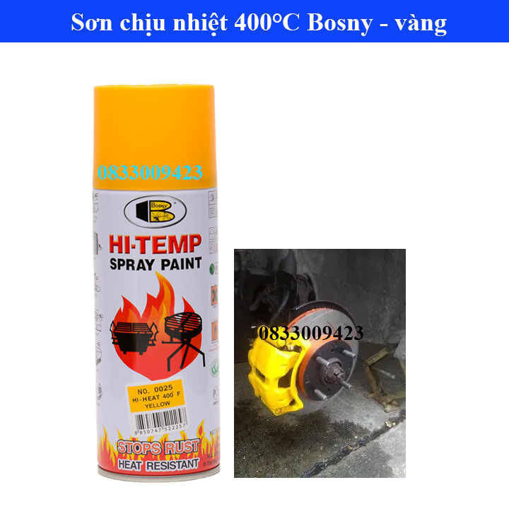 Sơn xịt chịu nhiệt Hi-temp 400 độ F Bosny, sơn lốc máy, sơn pô xe, sơn xe máy, sơn lò vi sóng, sơn bếp gas