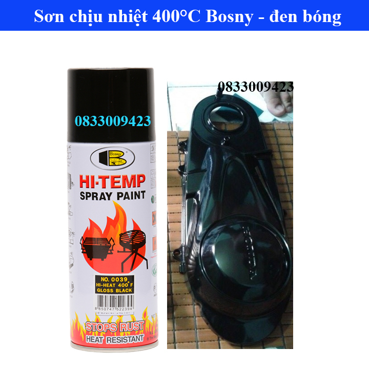 Sơn xịt chịu nhiệt Hi-temp 400 độ F Bosny, sơn lốc máy, sơn pô xe, sơn xe máy, sơn lò vi sóng, sơn bếp gas