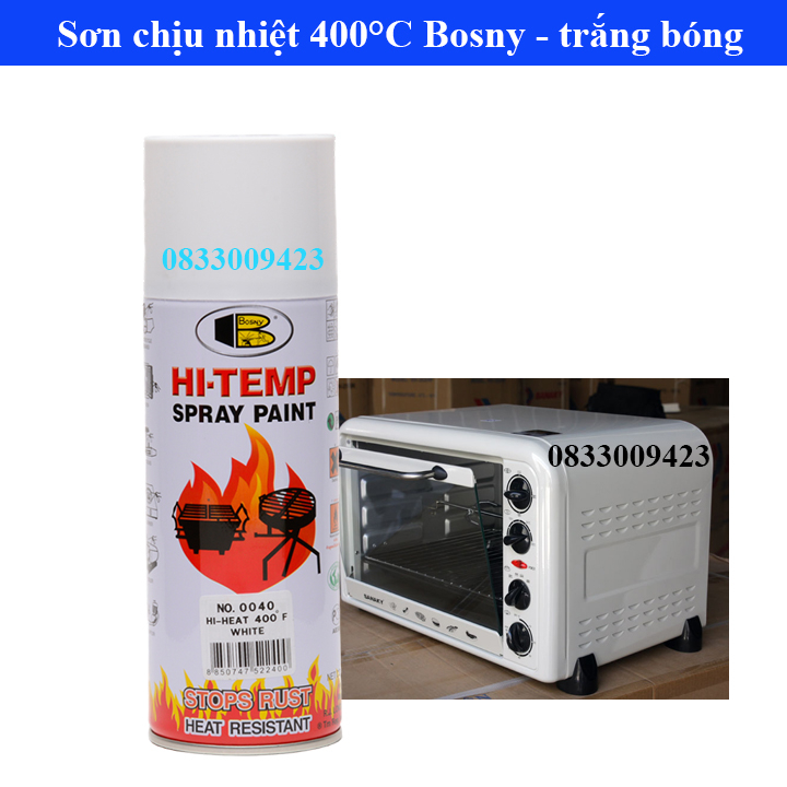 Sơn xịt chịu nhiệt Hi-temp 400 độ F Bosny, sơn lốc máy, sơn pô xe, sơn xe máy, sơn lò vi sóng, sơn bếp gas