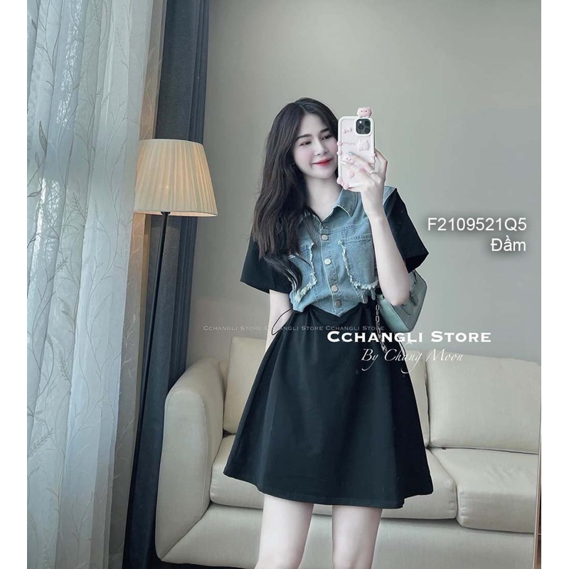 Đầm pha jean rút eo cổ bẻ ngực đắp túi viền tua rua tay ngắn 0923 thaotranshop90 [kèm ảnh thật chụp sàn]