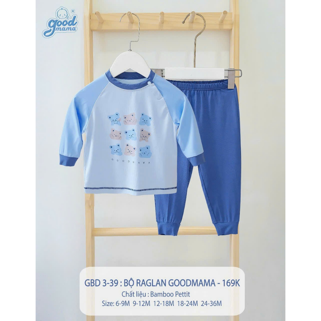 Goodmama Bộ Raglan thun lạnh dài tay mặc thu đông phối sọc GBD 3-39 cho bé trai, bé gái chất liệu Bamboo Pettit