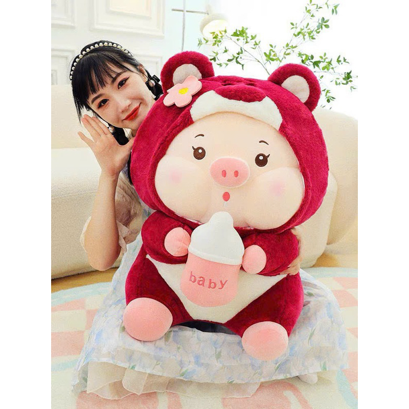 Gấu Bông Lợn cosplay mũ dâu