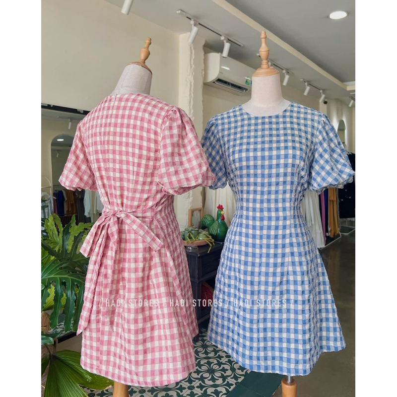 Đầm caro tay bí thắt eo - Mai