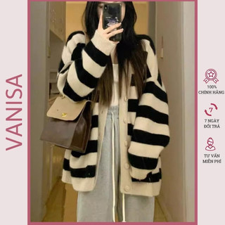Áo khoác cardigan nữ len bigsize dày mịn form rộng sọc be đen VANISA KD008