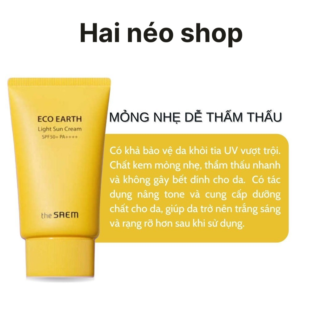Kem chống nắng dưỡng da khô, sạm, sần sùi THE SAEM Eco Earth Light Sun Cream SPF50+ PA++++ 50g