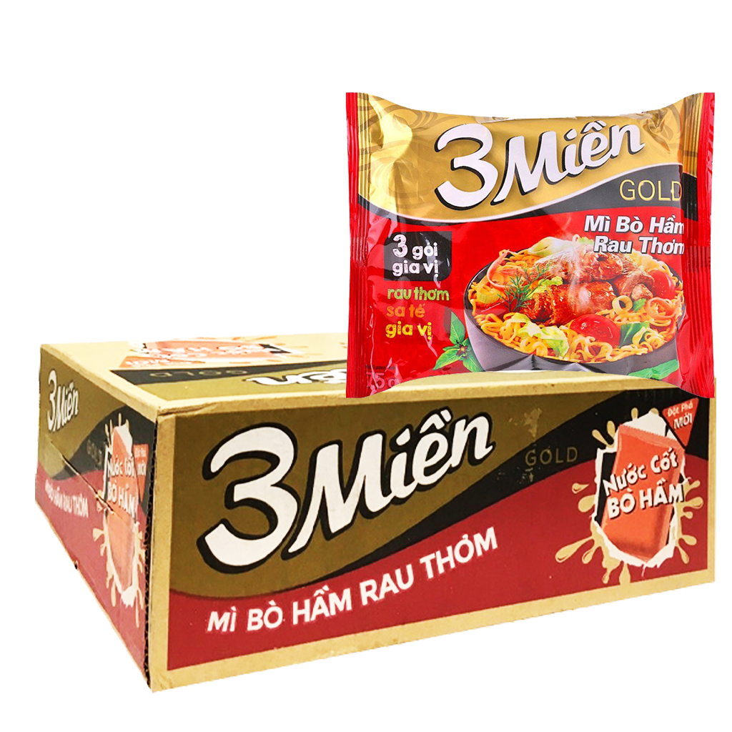 Thùng 30 gói mì 3 Miền Gold bò hầm rau thơm 75g