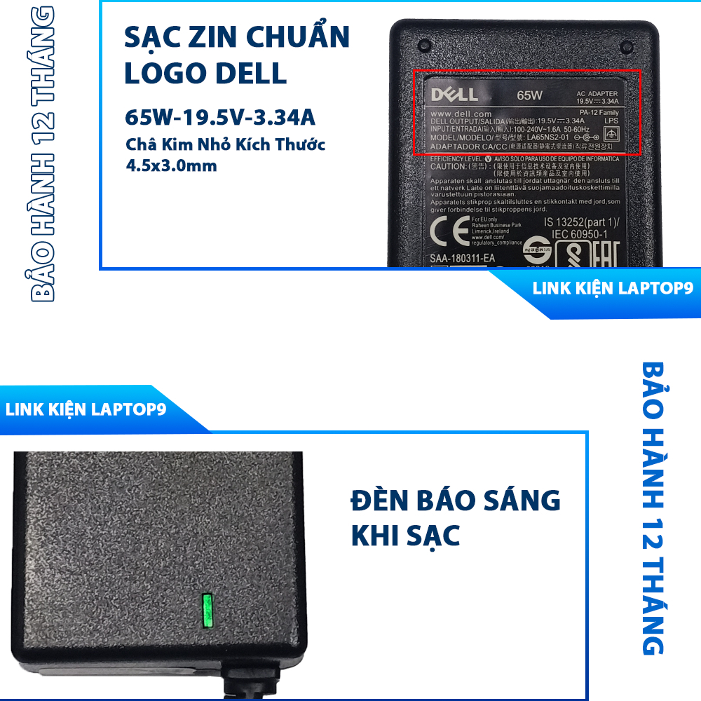 Sạc laptop Dell chân kim nhỏ 65W 3.34A, 90W 4.62A Inspiron Latitude Vostro Bảo Hành 12 Tháng Mới 100%