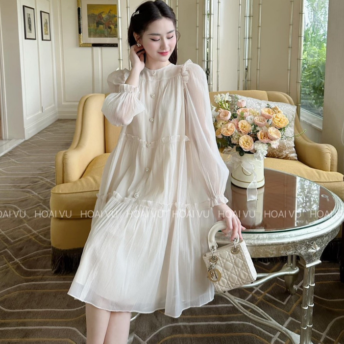 Váy bầu dài tay sơ mi dáng suông Thu đông thiết kế thời trang cao cấp mặc bầu và sau sinh