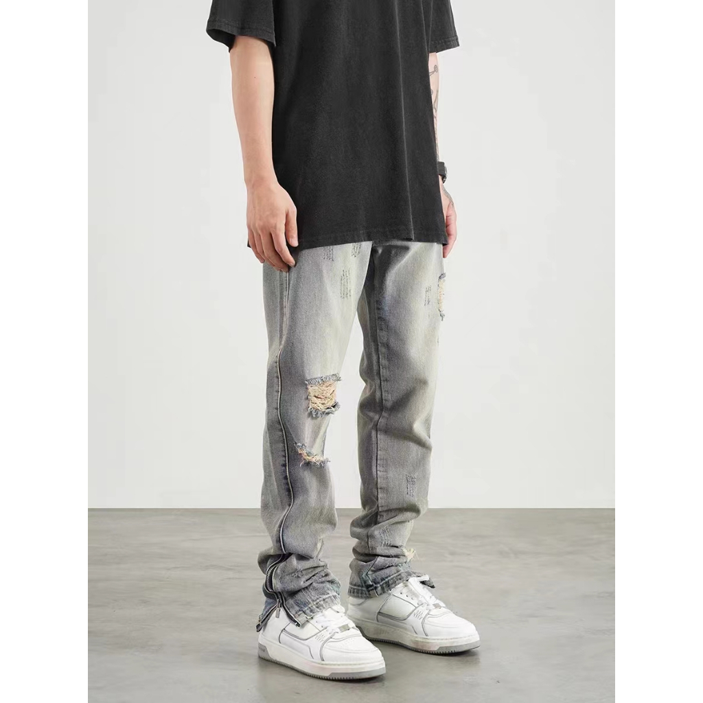 Quần jean ống suông nam Thiết Kế Phong quần jean rách gối Cách Vintage Dành quần jean Nữ Và Nam