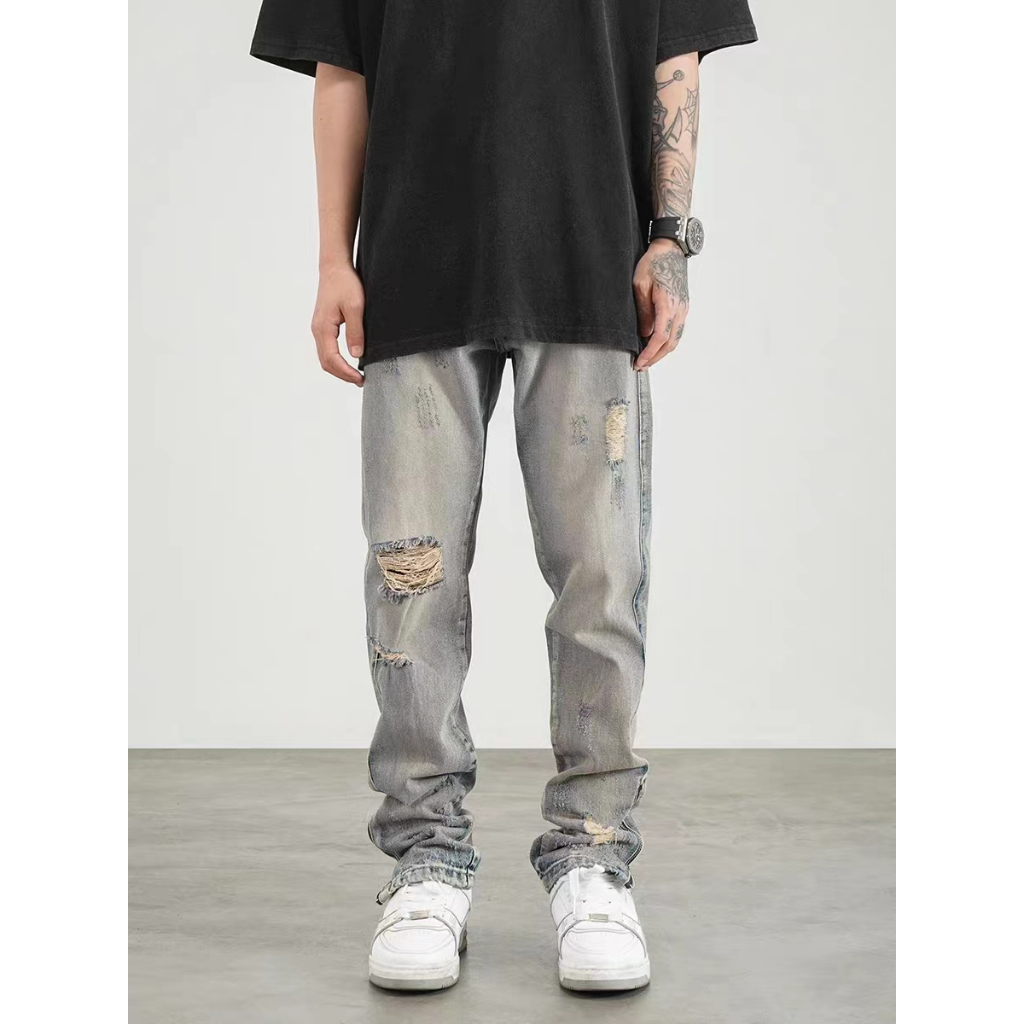 Quần jean ống suông nam Thiết Kế Phong quần jean rách gối Cách Vintage Dành quần jean Nữ Và Nam