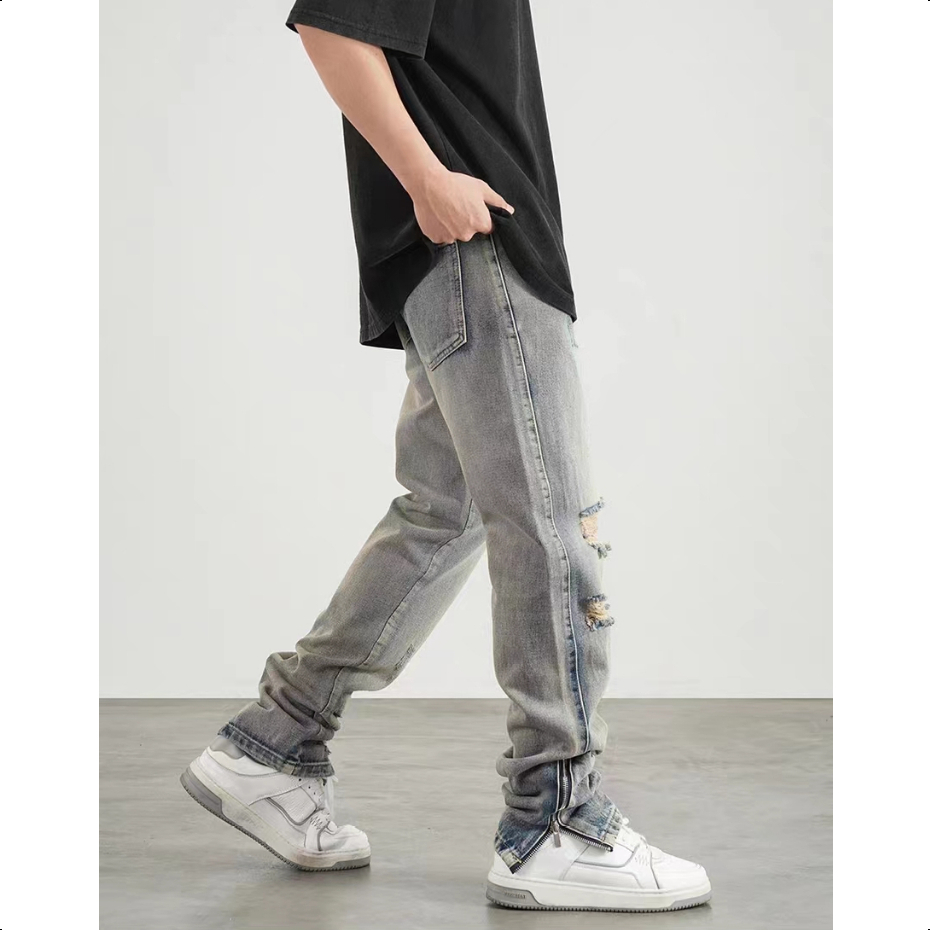 Quần jean ống suông nam Thiết Kế Phong quần jean rách gối Cách Vintage Dành quần jean Nữ Và Nam