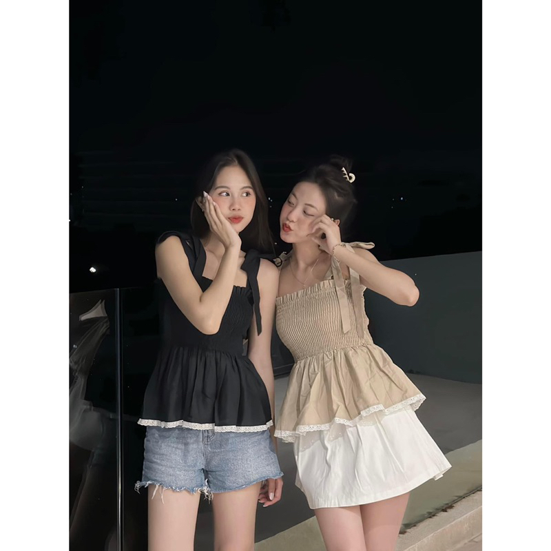 Áo Kiểu - 1950 - 2 Dây Cột Nơ - Nhún - Lai Viền Ren